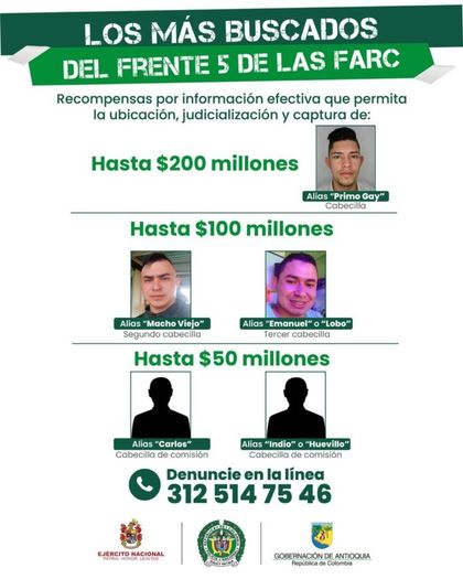 Imagen de  Gobernación de Antioquia publica cartel de los más buscados del Frente 5 de las FARC