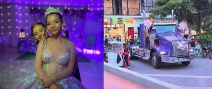 Imagen de La quinceañera Mariana Duque Pantoja llega a su fiesta en tractomula morada, sueña con manejarla