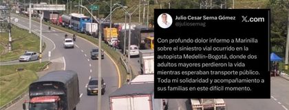 Imagen de  Dos peatones murieron tras ser atropellados por un conductor que dio positivo en prueba de alcoholemia en la autopista Medellín–Bogotá